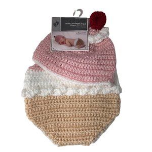 Hand Crocheted Hat And Diaper Cover Ice Cream Sz 0-9 Months Infant Baby Photo